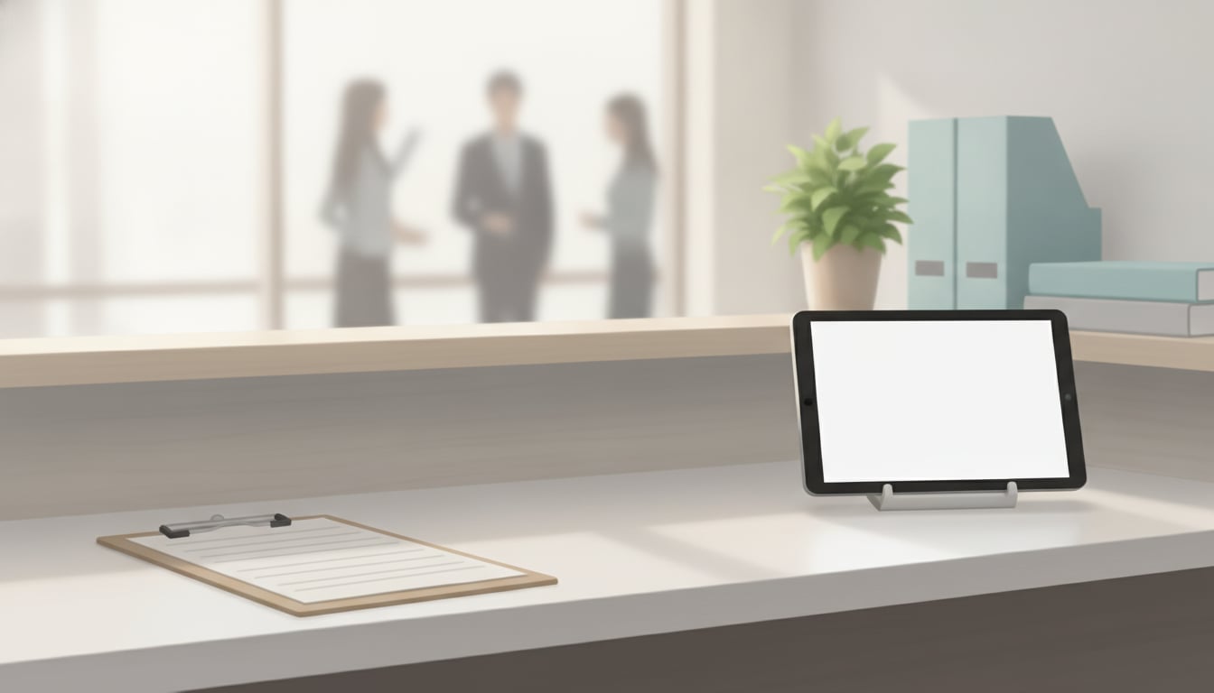 紙の来訪者名簿からタブレット受付へ切り替えたオフィスの受付カウンター